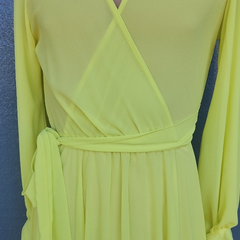 Vintage Bohemian Neon Elegant Long Sleeve Yellow Wrap Dress - Picture 5 of 11